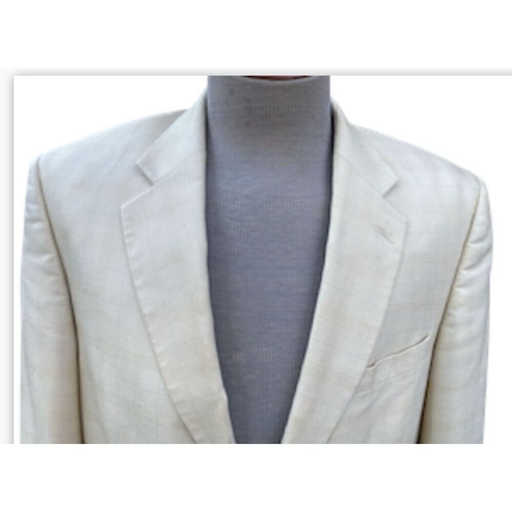Vintage Silk Blend Blazer by Lancia Sz. 42R Faint Yellow with pale plaid - Picture 4 of 11